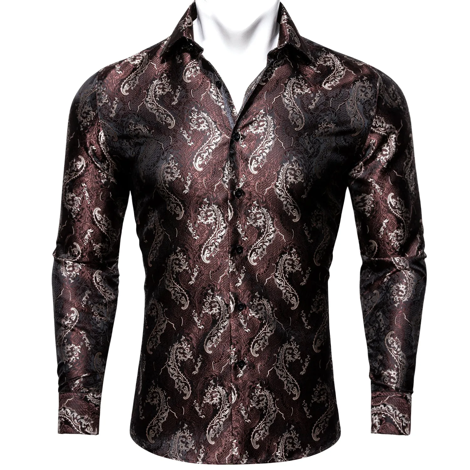 Barry Wang Red Brown Silk Paisley Tribal Long Sleeve Daily Men's Shirt sold by Barrywang