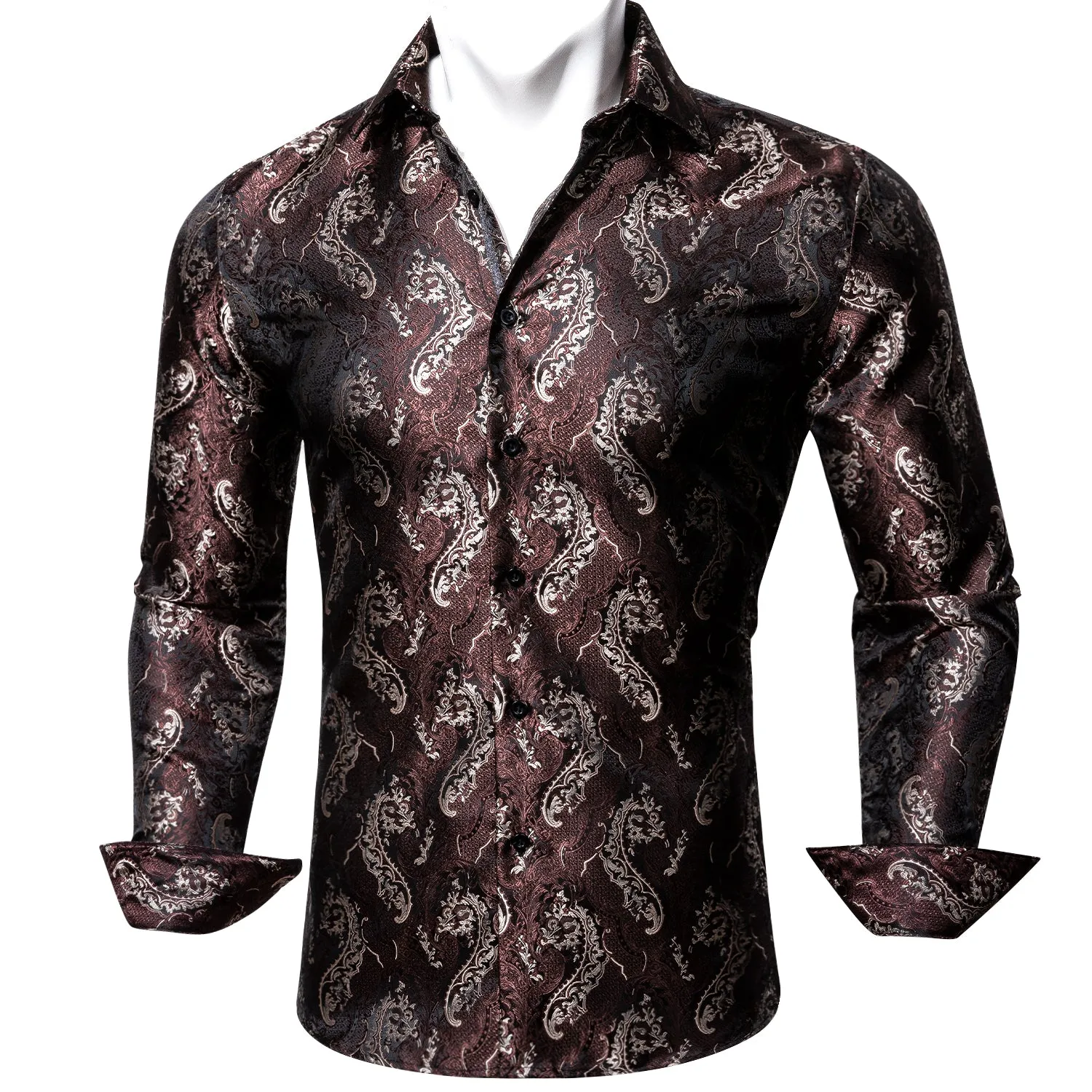 Barry Wang Red Brown Silk Paisley Tribal Long Sleeve Daily Men's Shirt sold by Barrywang product image thumbnail 4