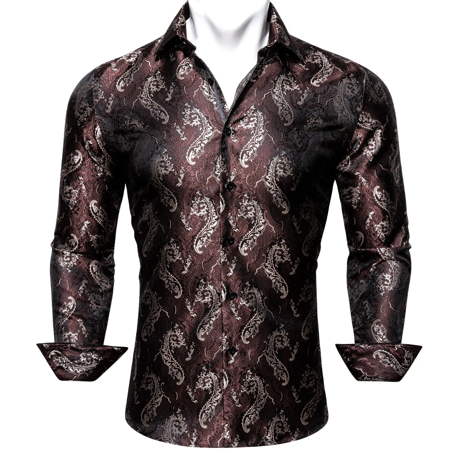 Barry Wang Red Brown Silk Paisley Tribal Long Sleeve Daily Men's Shirt sold by Barrywang product image thumbnail 3
