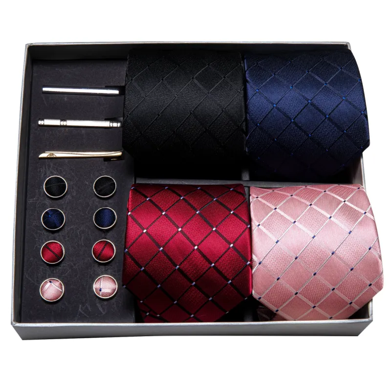 Barry Wang Necktie Gift Box Set Black Blue Pink Plaid Silk Hanky Clip sold by Barrywang