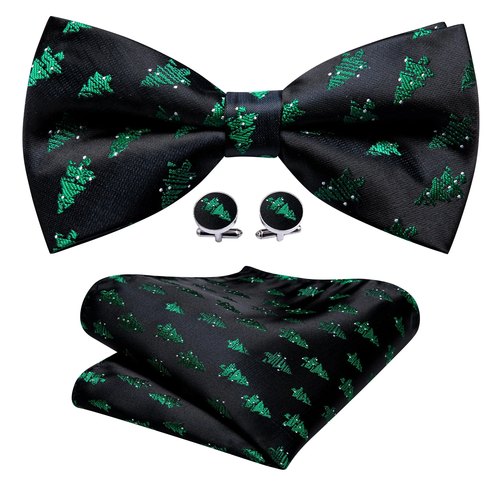 Barry Wang Christmas Black Green Tree Men Bow Tie Hanky Cufflinks Set sold by Barrywang