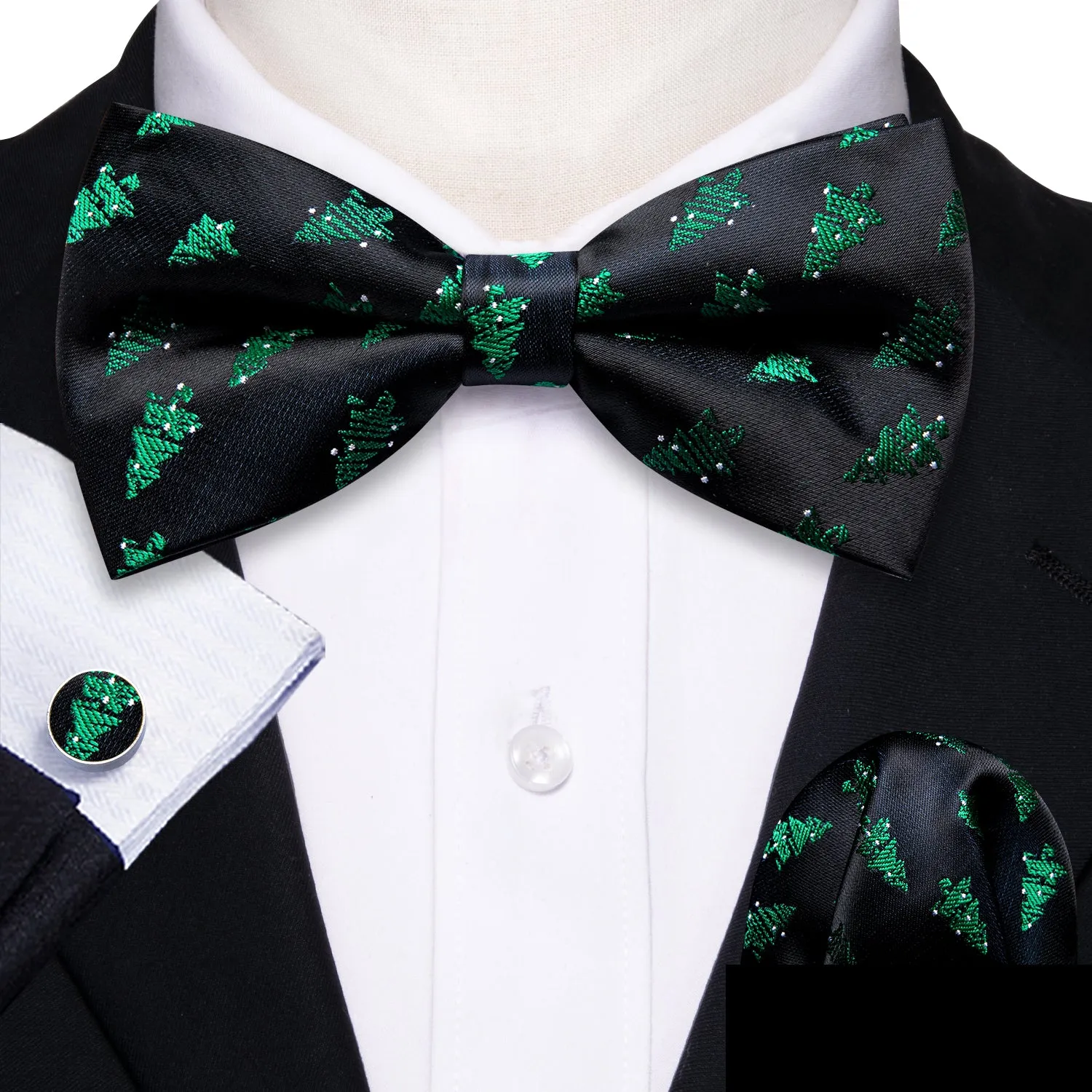 Barry Wang Christmas Black Green Tree Men Bow Tie Hanky Cufflinks Set sold by Barrywang product image thumbnail 2