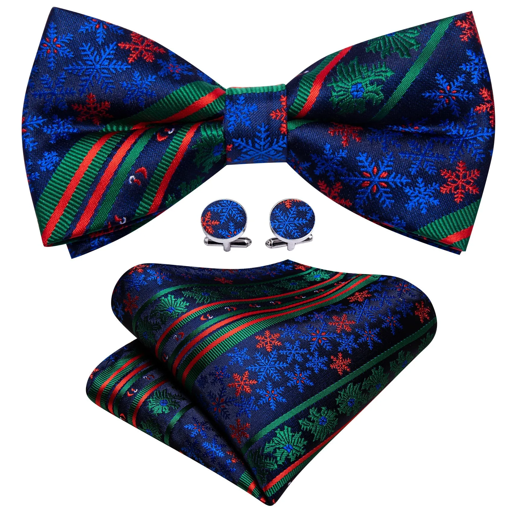 Barry Wang Christmas Blue Green Xmas Pattern Pre Tied Bow Tie Hanky Cufflinks Set sold by Barrywang