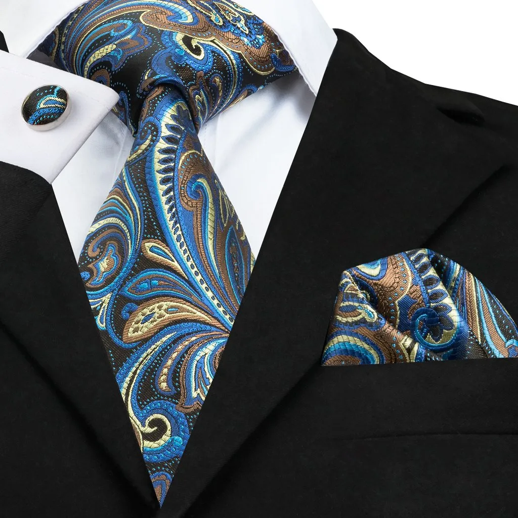 Barry Wang Necktie Brown Blue Floral Tie Pocket Square Cufflinks Set sold by Barrywang product image thumbnail 2