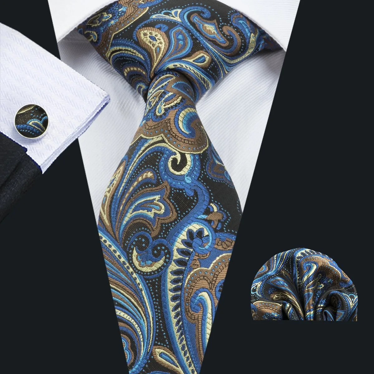 Barry Wang Necktie Brown Blue Floral Tie Pocket Square Cufflinks Set sold by Barrywang