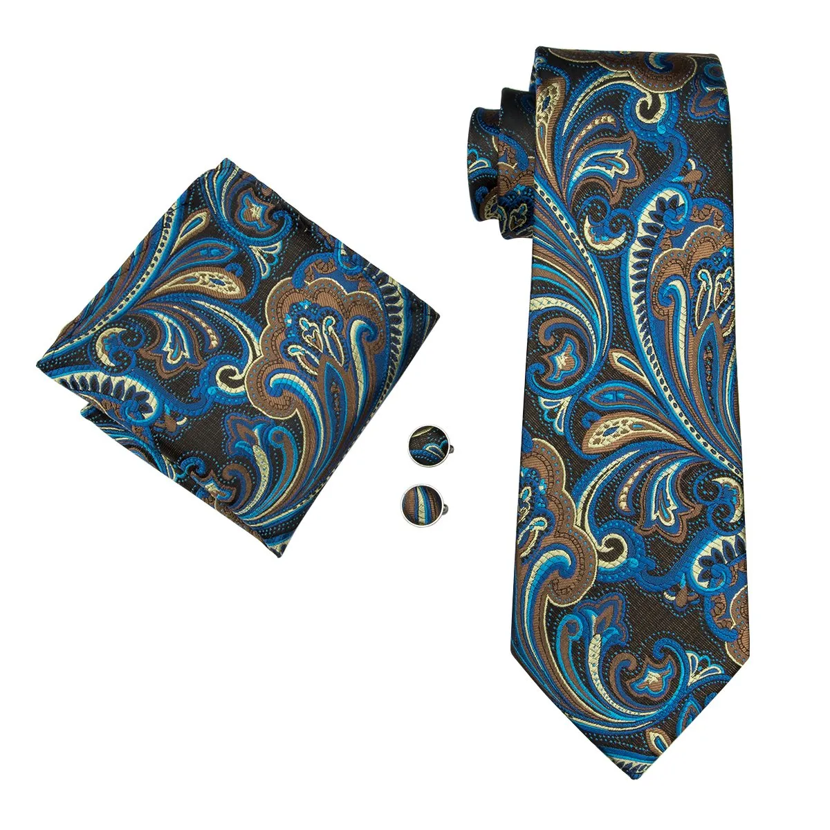 Barry Wang Necktie Brown Blue Floral Tie Pocket Square Cufflinks Set sold by Barrywang product image thumbnail 3