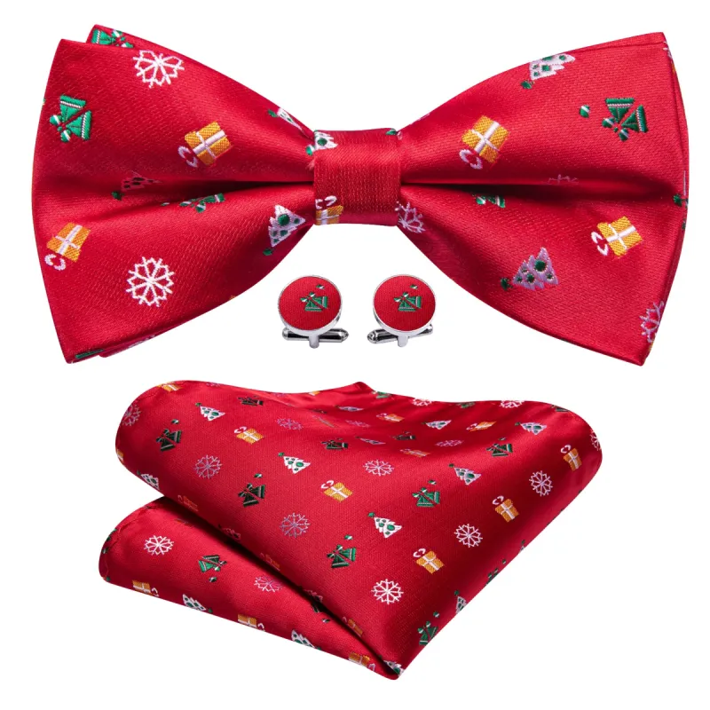 Christmas Red Xmas Pattern Pre Tied Bow Tie Hanky Cufflinks Set made by Barrywang