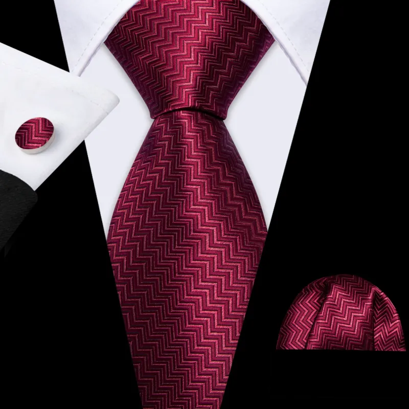 Barry. Wang Men Tie Dark Red Ripple Silk Tie Handkerchief Cufflinks Set sold by Barrywang