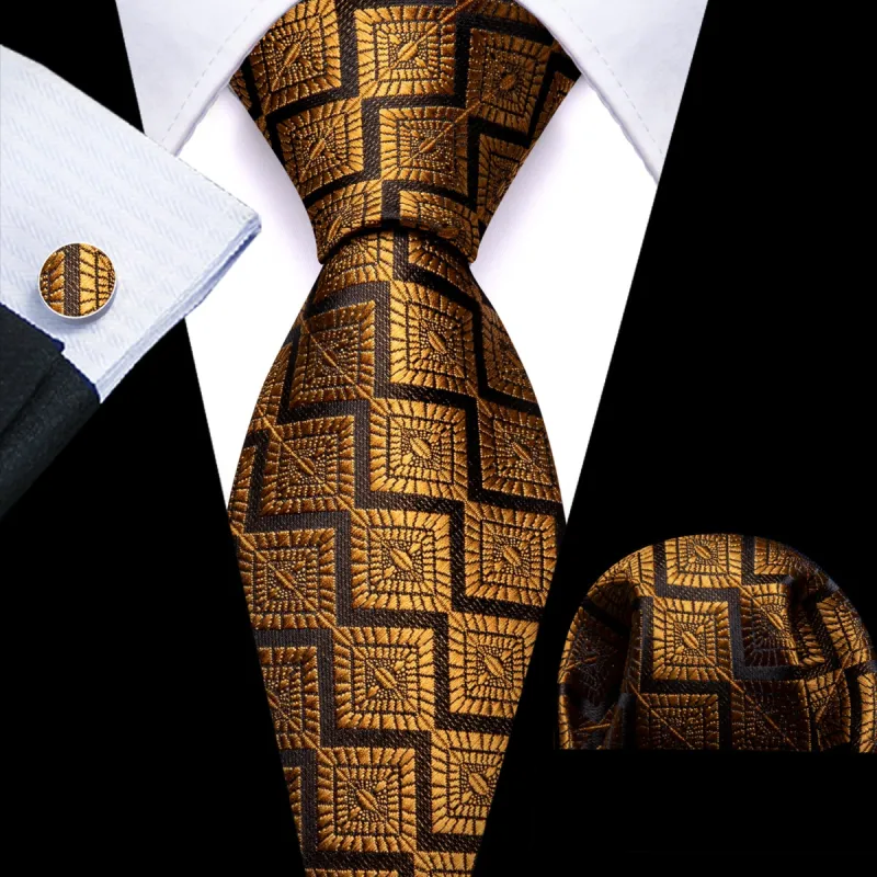 Barry. Wang Black Tie Gold Jacquard Novelty Necktie Men's Tie Set sold by Barrywang