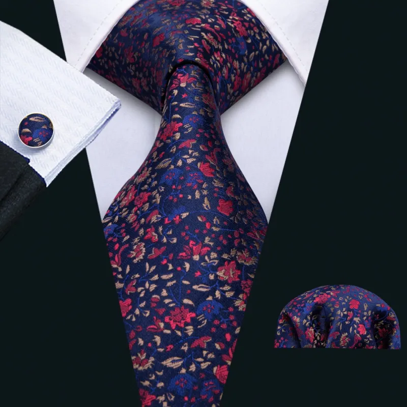 Barry. Wang Navy Blue Floral Silk Fabric Tie Hanky Cufflink Set for Men sold by Barrywang