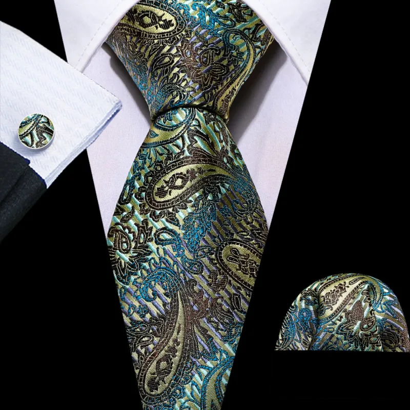 Barry.Wang Black Tie Gold Paisley Men's Silk Tie Pocket Square Cufflinks Set 59 Inches sold by Barrywang