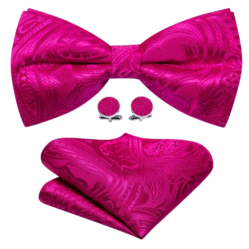 Barry Wang Mens Rose Red Paisley Pre Tied Bow Tie Hanky Cufflinks Set sold by Barrywang