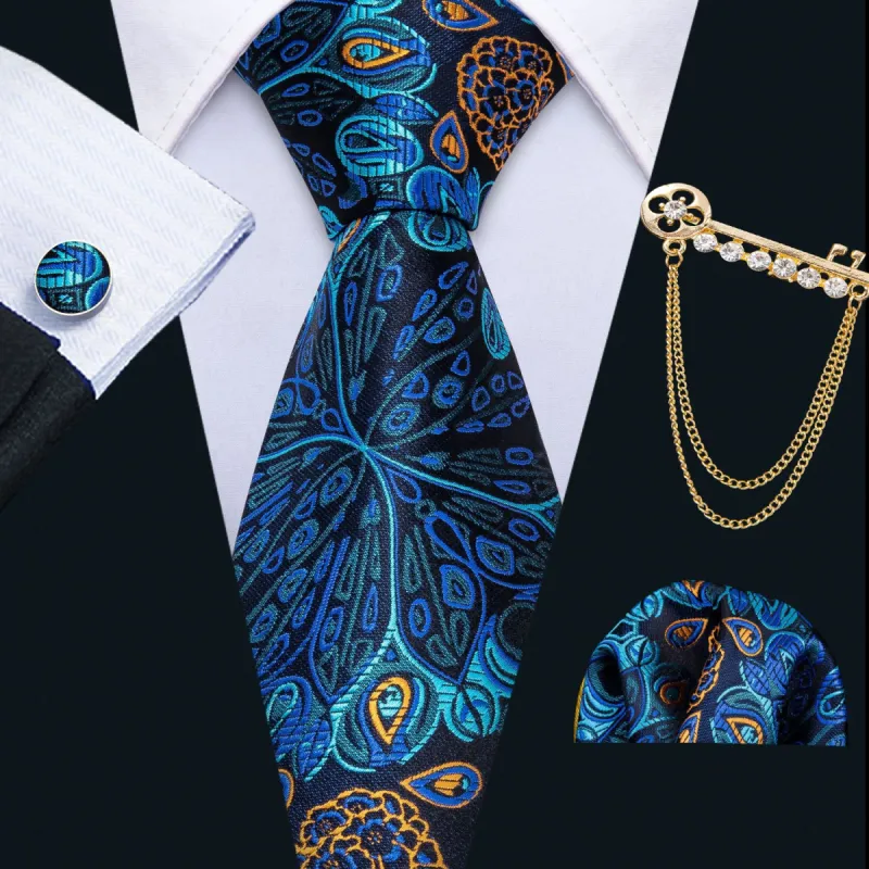 Fantastic Blue Floral Men's Tie Lapel Pin Brooch Silk Tie Pocket Square Cufflinks Set Wedding Business Party sold by Barrywang