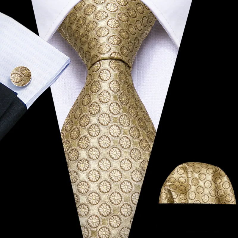 Golden Floral Silk Men's Tie Pocket Square Cufflinks Set sold by Barrywang