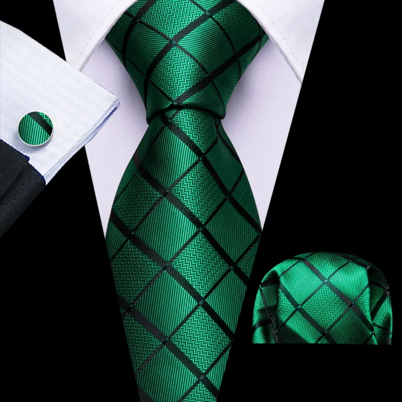 Barry. Wang Dark Green Tie Black Lines Plaid Men's Wedding Necktie Set sold by Barrywang