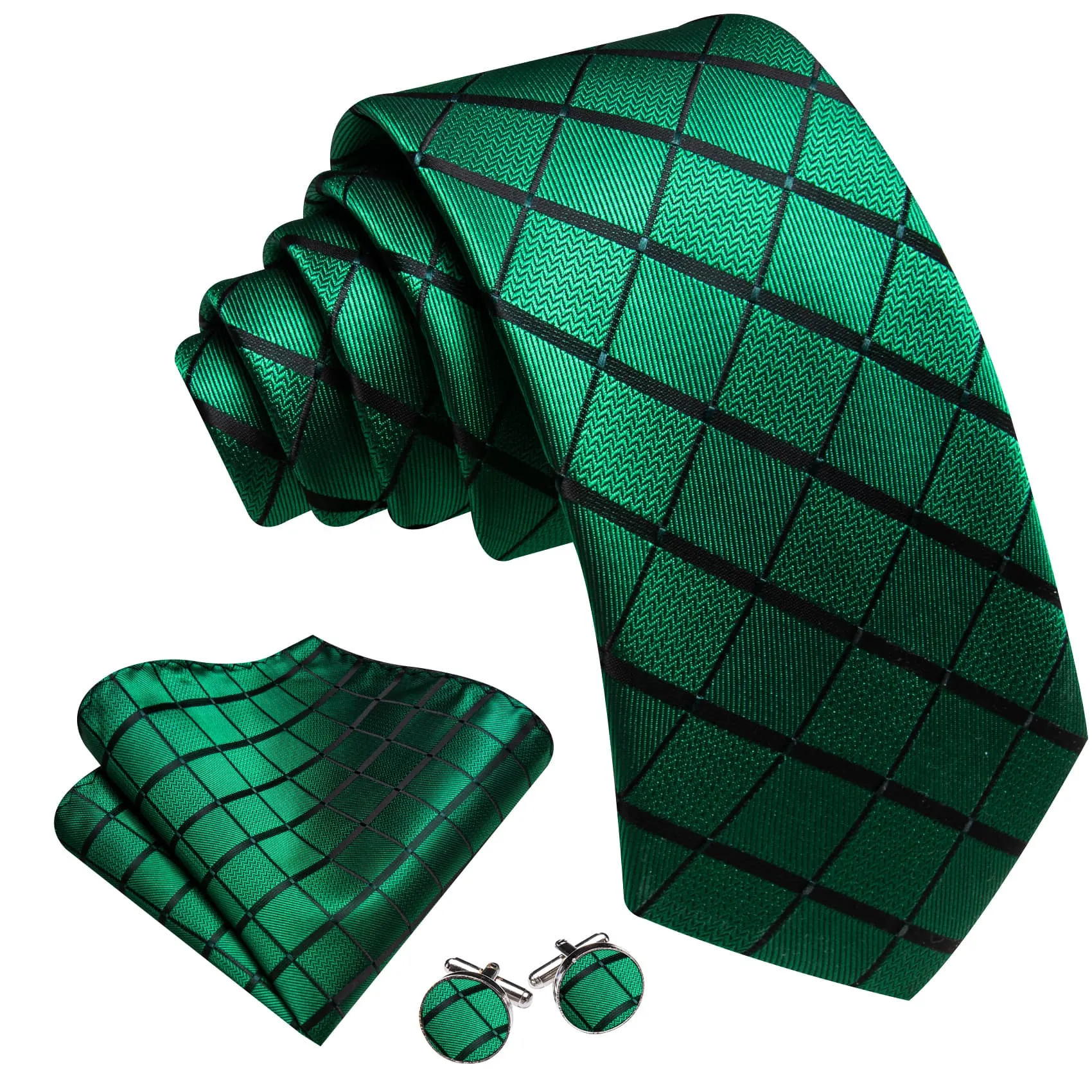 Barry. Wang Dark Green Tie Black Lines Plaid Men's Wedding Necktie Set sold by Barrywang product image thumbnail 3