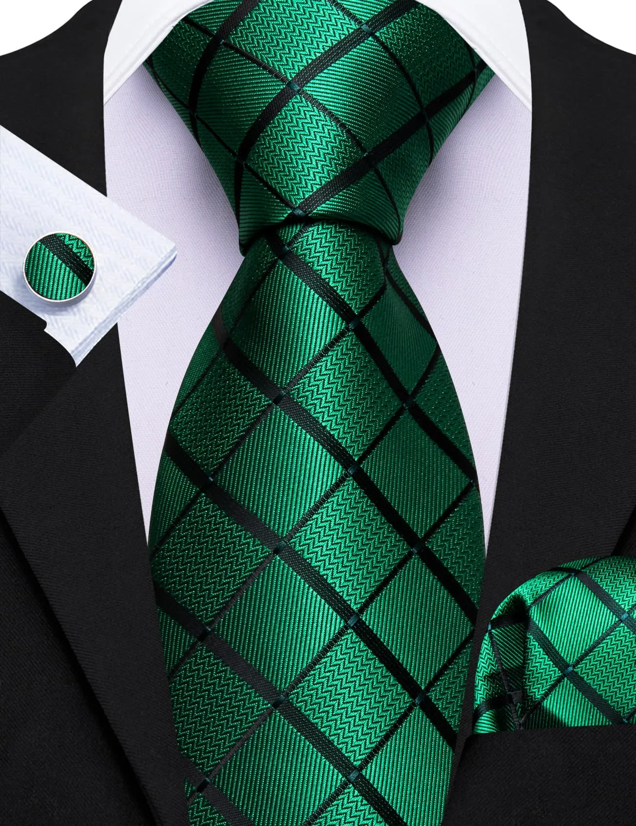Barry. Wang Dark Green Tie Black Lines Plaid Men's Wedding Necktie Set sold by Barrywang product image thumbnail 2