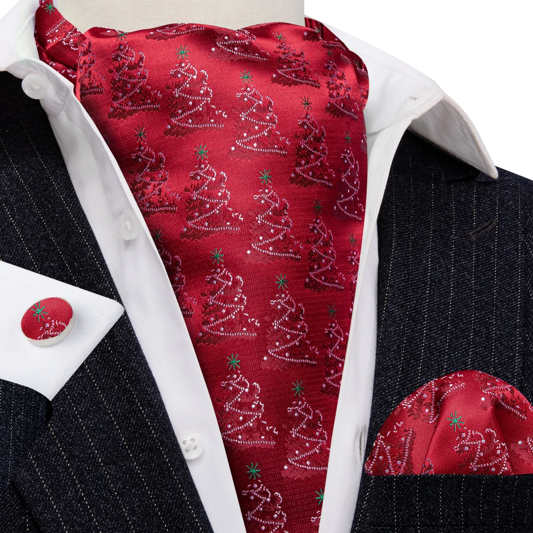 Red Christmas Tree Silk Ascot Handkerchief Cufflinks sold by Barrywang product image thumbnail 3