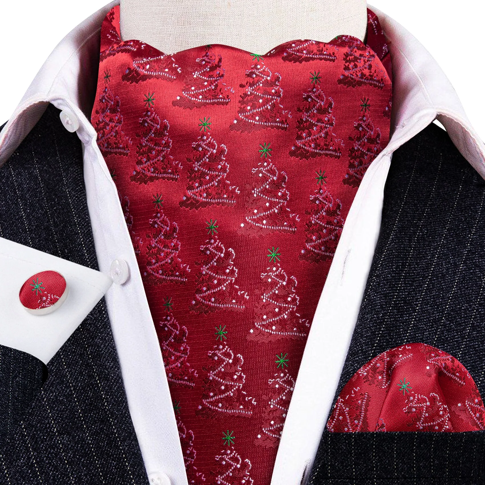 Red Christmas Tree Silk Ascot Handkerchief Cufflinks sold by Barrywang product image thumbnail 2