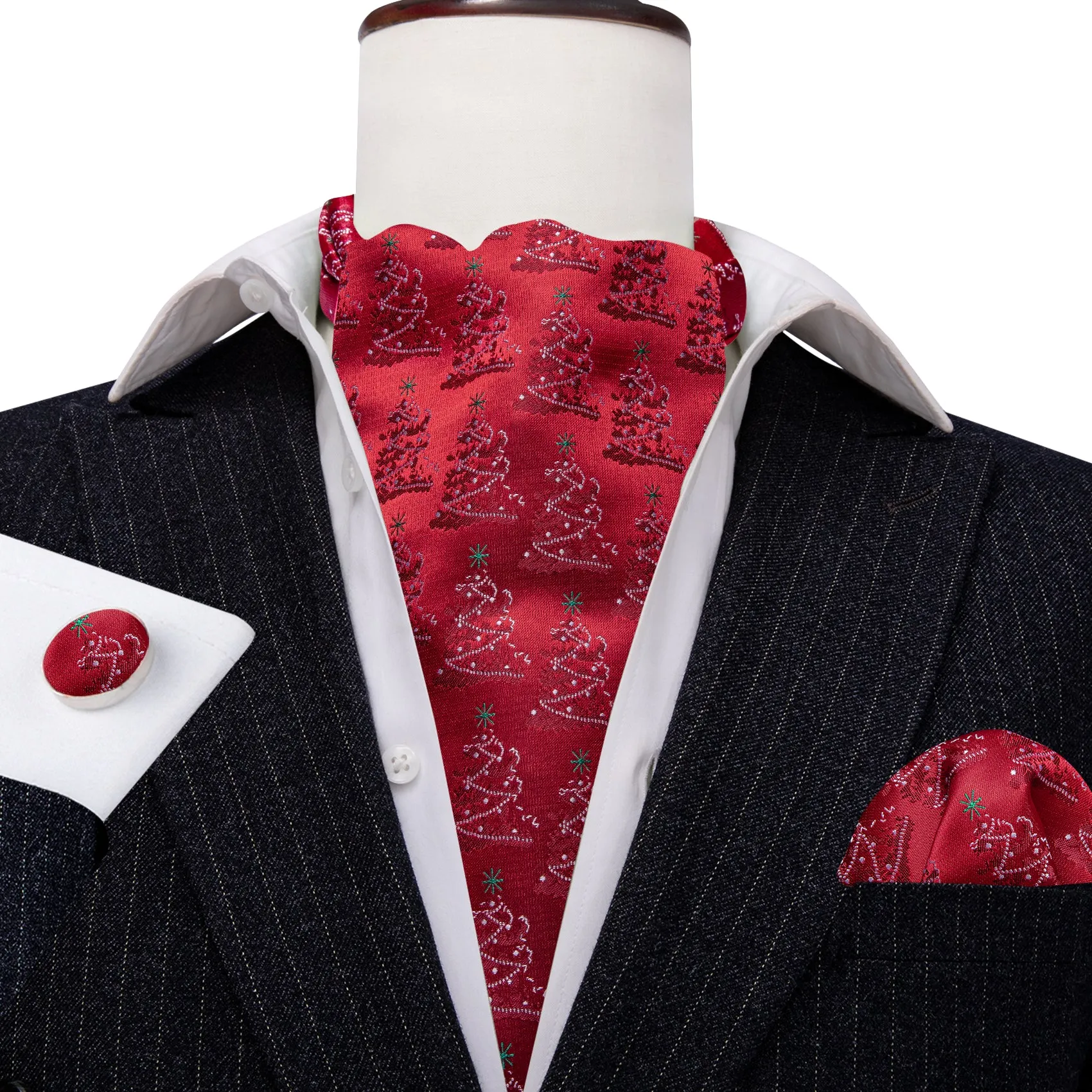 Red Christmas Tree Silk Ascot Handkerchief Cufflinks sold by Barrywang product image thumbnail 5