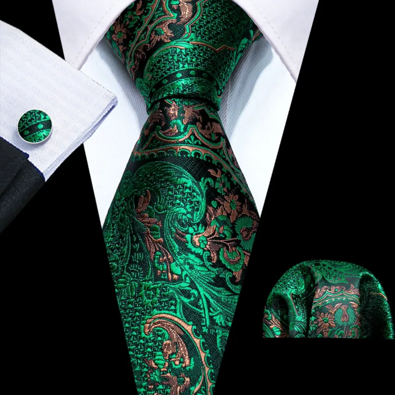 Barry Wang Green Brown Paisley Necktie Pocket Square Cufflinks Set sold by Barrywang