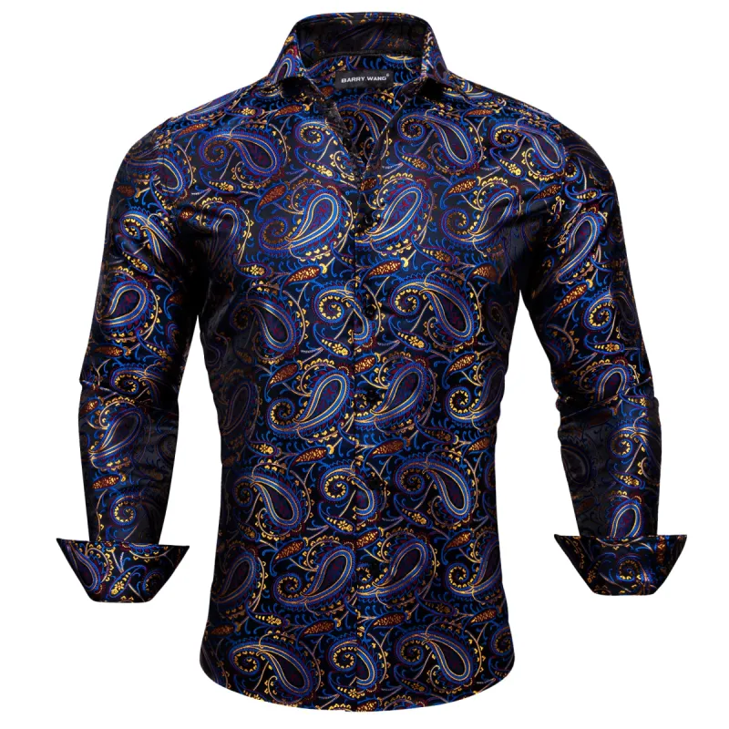 Barry Wang Blue Gold Paisley Silk Men's Windsor Collar Shirt for Guys sold by Barrywang
