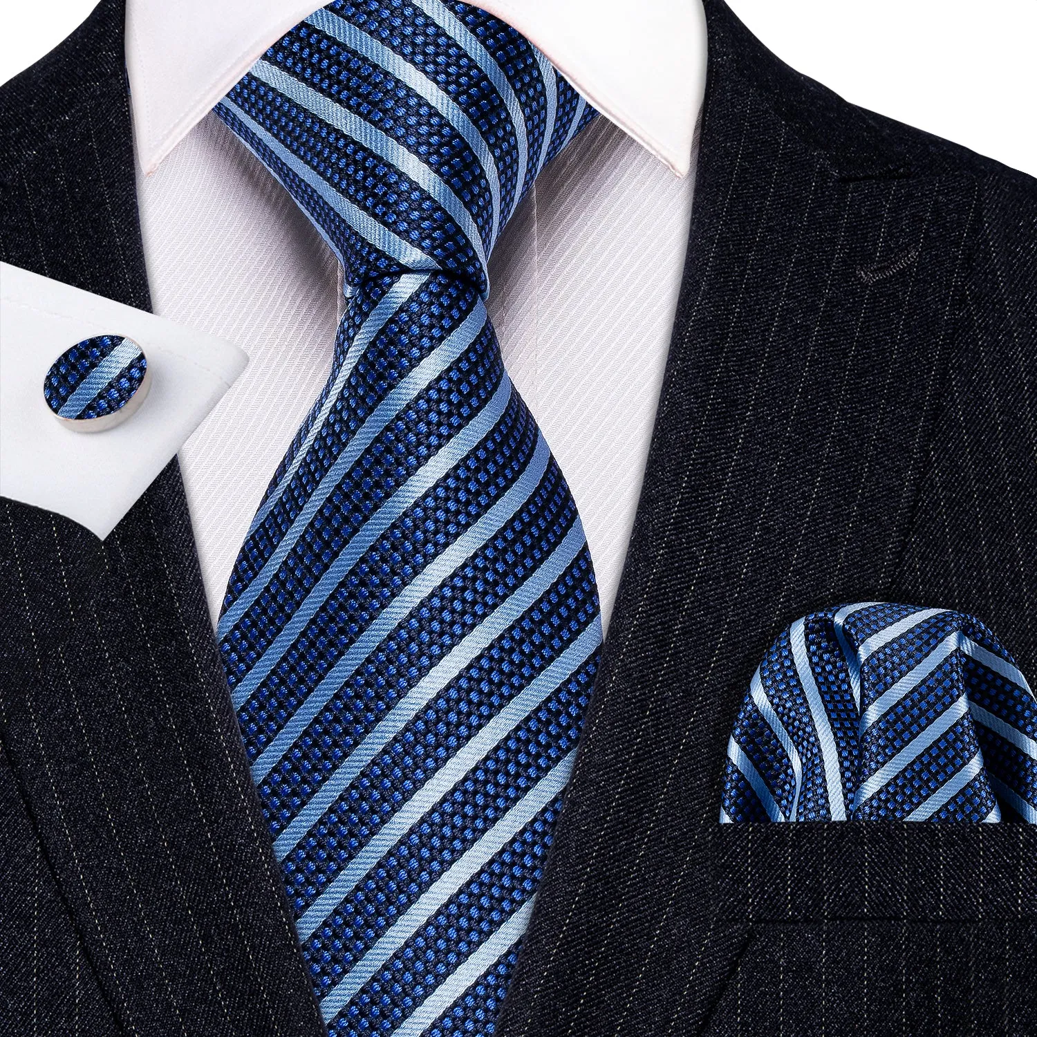 Barry. Wang Blue striped Silk Men's Tie Pocket Square Cufflinks Set sold by Barrywang