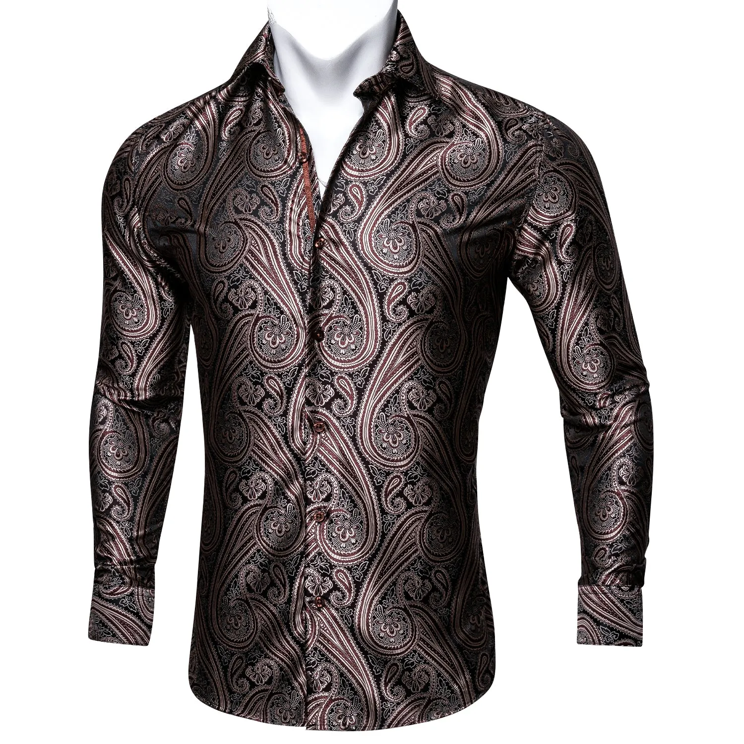 Barry Wang Brown Black Silk Tribal Long Sleeve Daily Tops Men's Shirt sold by Barrywang product image thumbnail 3