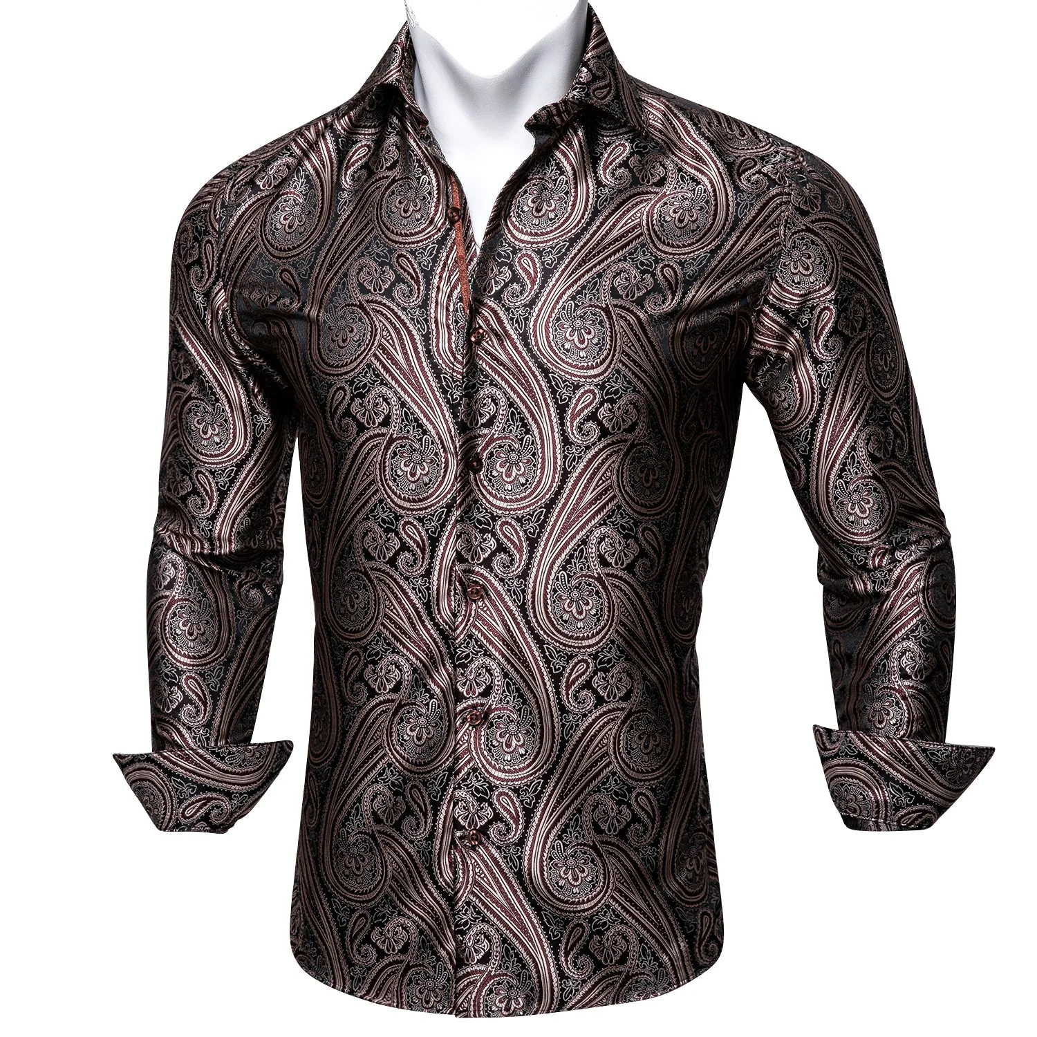 Barry Wang Brown Black Silk Tribal Long Sleeve Daily Tops Men's Shirt sold by Barrywang product image thumbnail 5