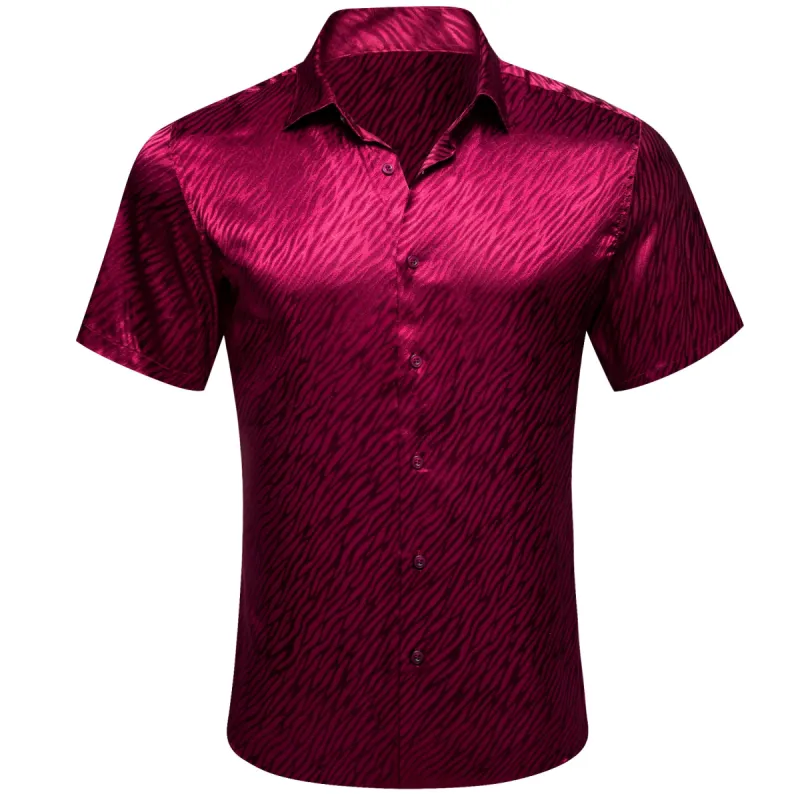 Barry Wang Short Sleeve Collared Shirt Dark Red Solid Button Down Shirt sold by Barrywang