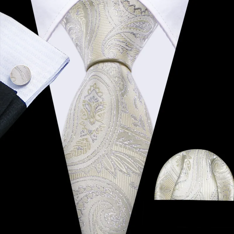 Barry Wang Light Yellow Silver Paisley Silk Tie Hanky Cufflinks Set sold by Barrywang