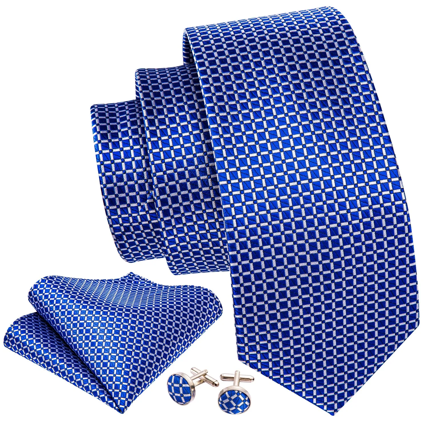 Barry Wang Men's Royal Blue Plaid Necktie Handkerchief Cufflinks Set sold by Barrywang product image thumbnail 3