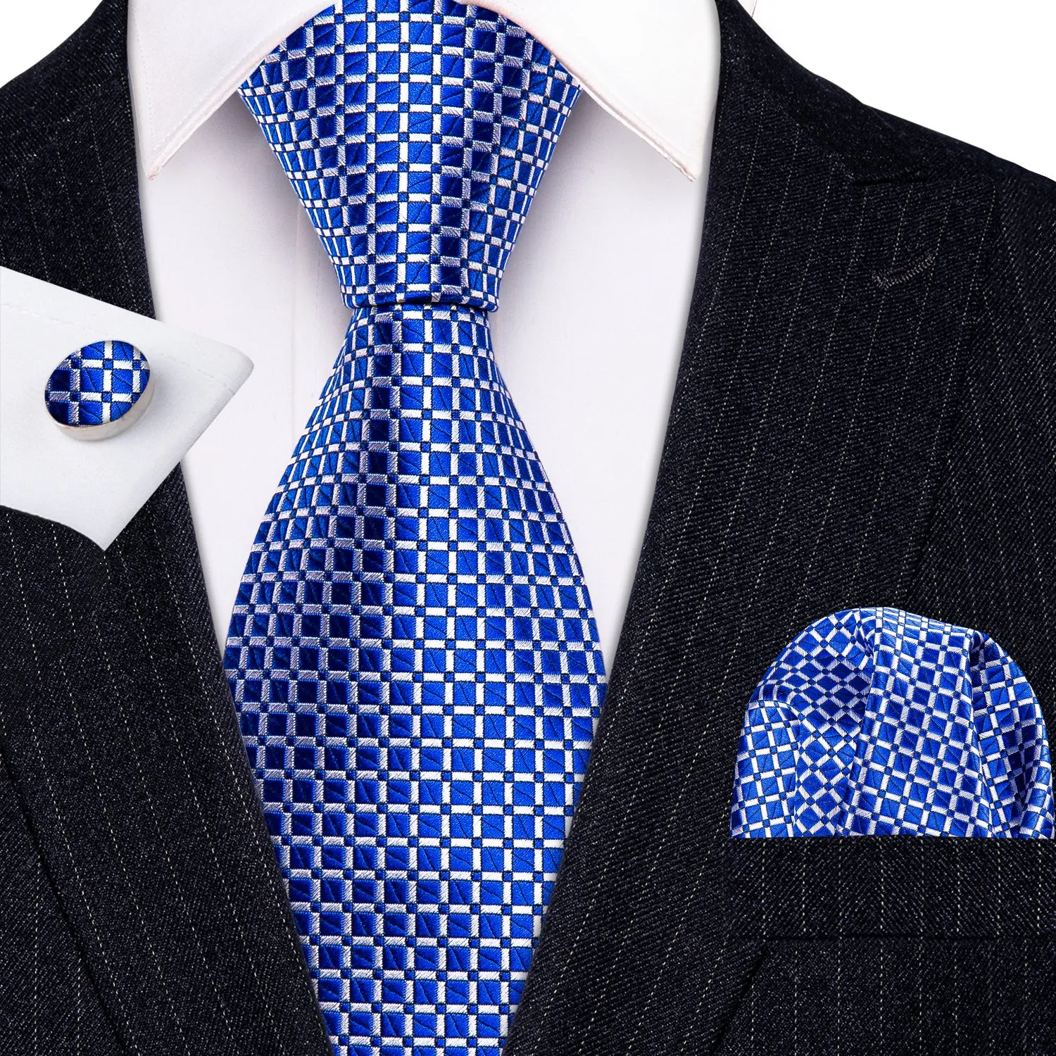 Barry Wang Men's Royal Blue Plaid Necktie Handkerchief Cufflinks Set sold by Barrywang