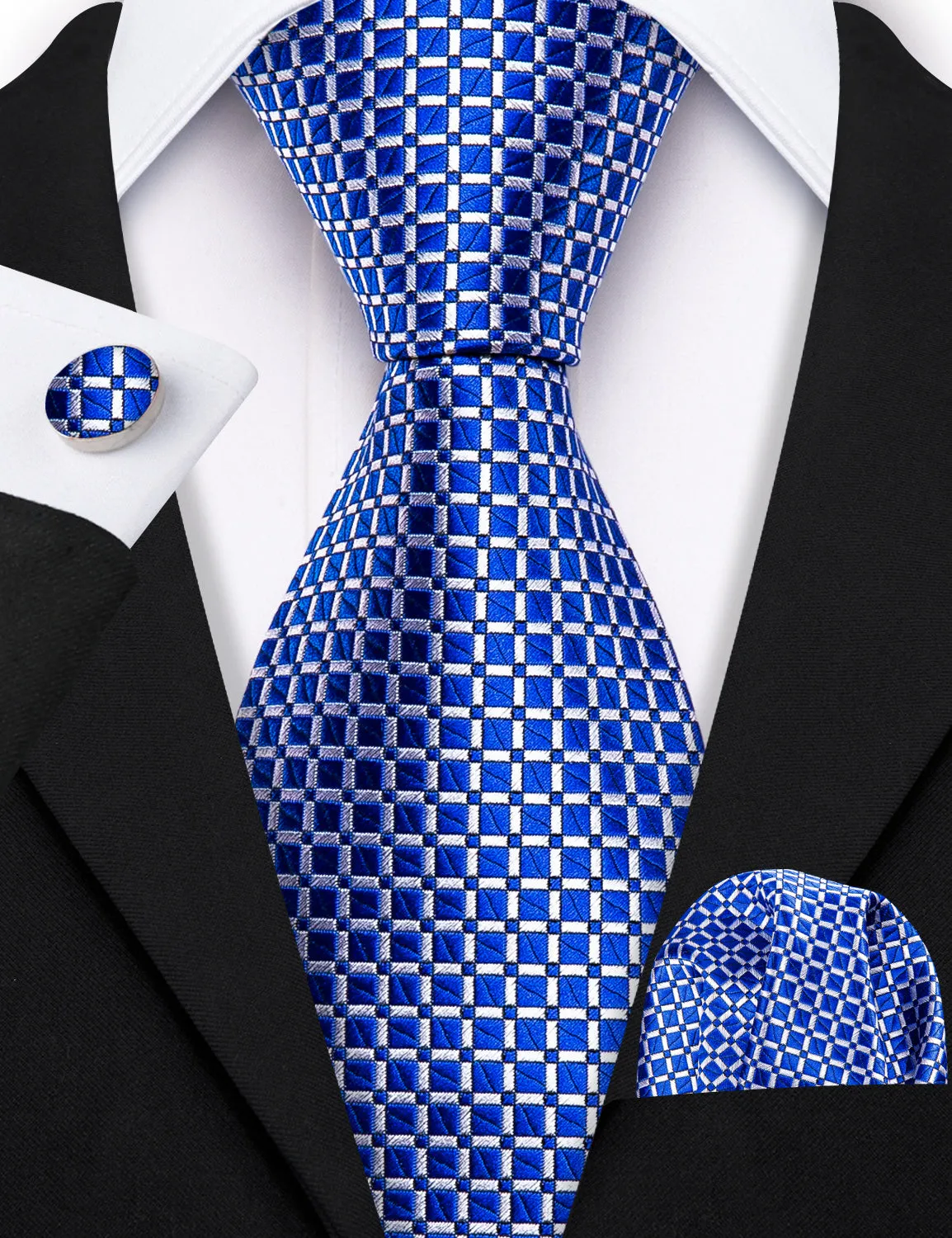 Barry Wang Men's Royal Blue Plaid Necktie Handkerchief Cufflinks Set sold by Barrywang product image thumbnail 2