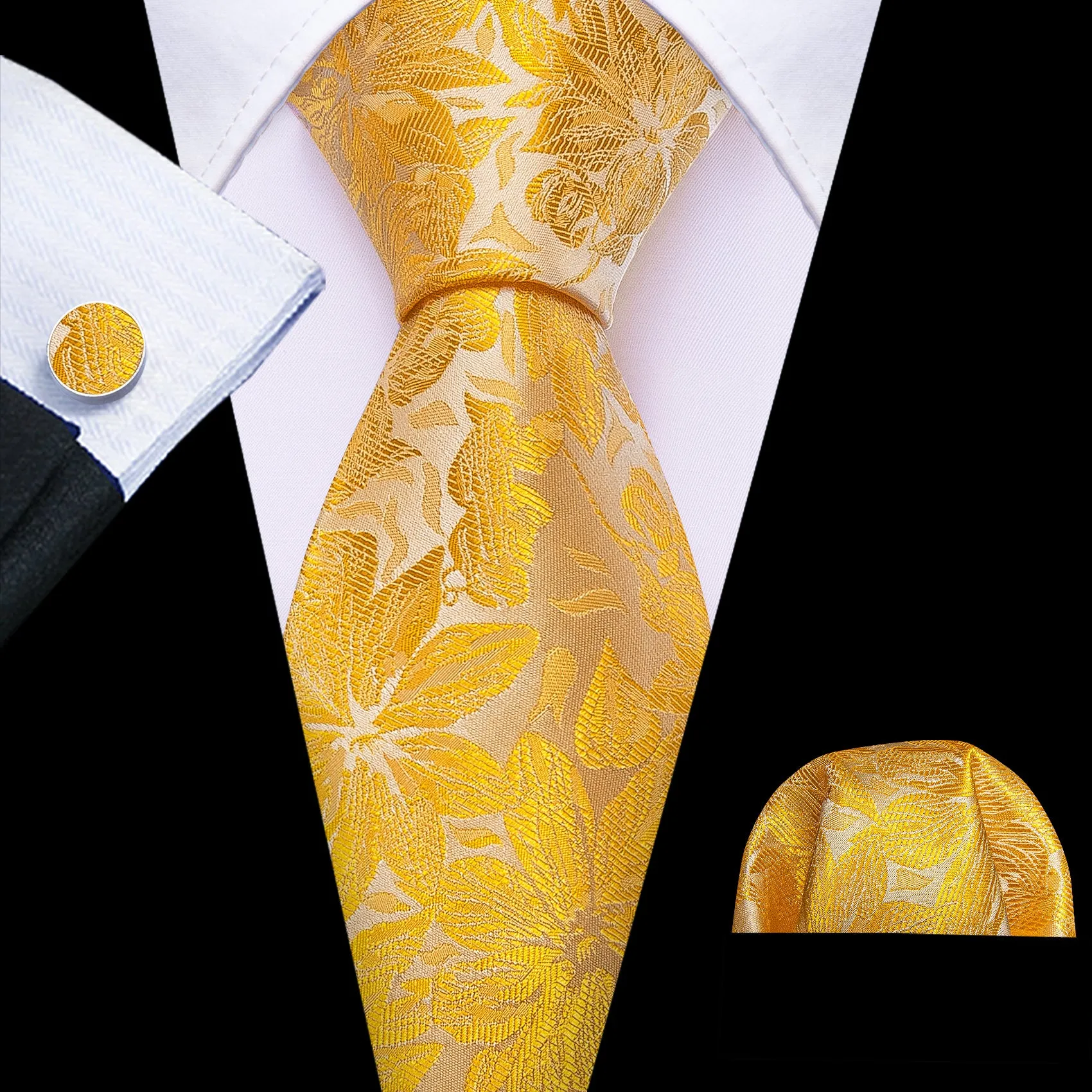 Barry. Wang Necktie Gold Yellow Floral Tie Handkerchief Cufflinks Set sold by Barrywang