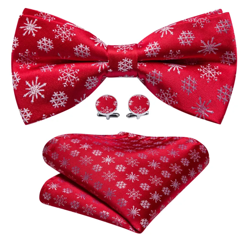 Christmas Red White Snowflake Pre Tied Bow Tie Hanky Cufflinks Set sold by Barrywang