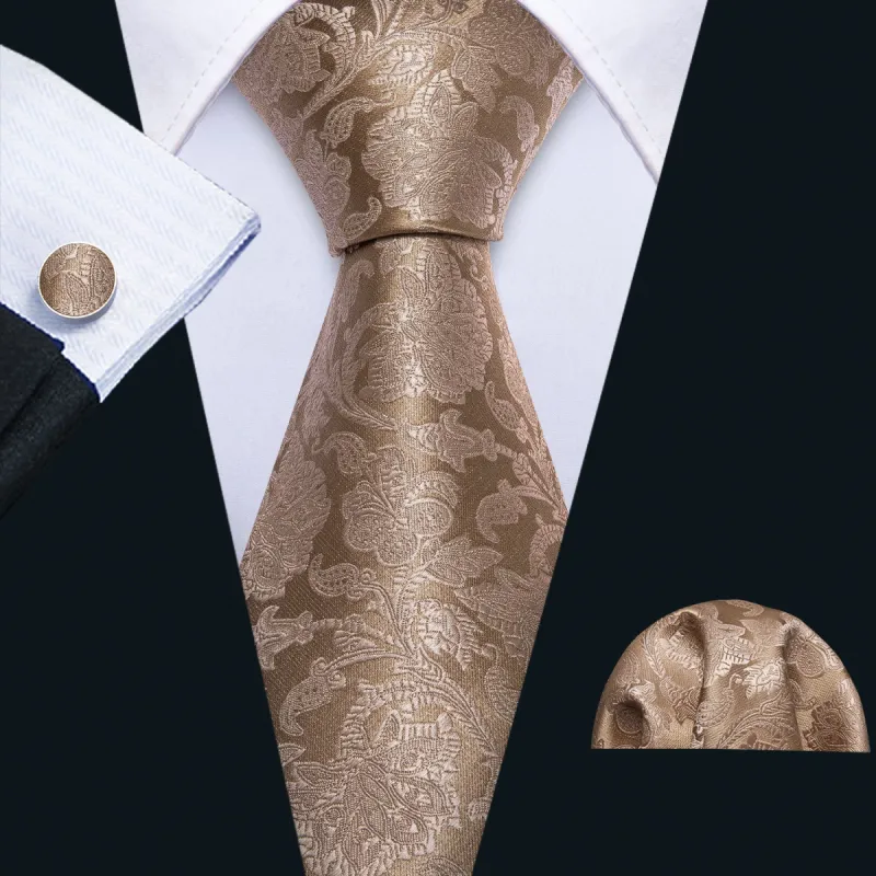 Barry Wang Brown Floral Silk 63 Inches Men's Tie Hanky Cufflinks Set sold by Barrywang