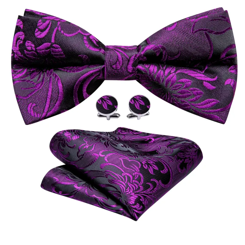 Purple Black Paisley Pre-tied Bow Tie Hanky Cufflinks Set sold by Barrywang