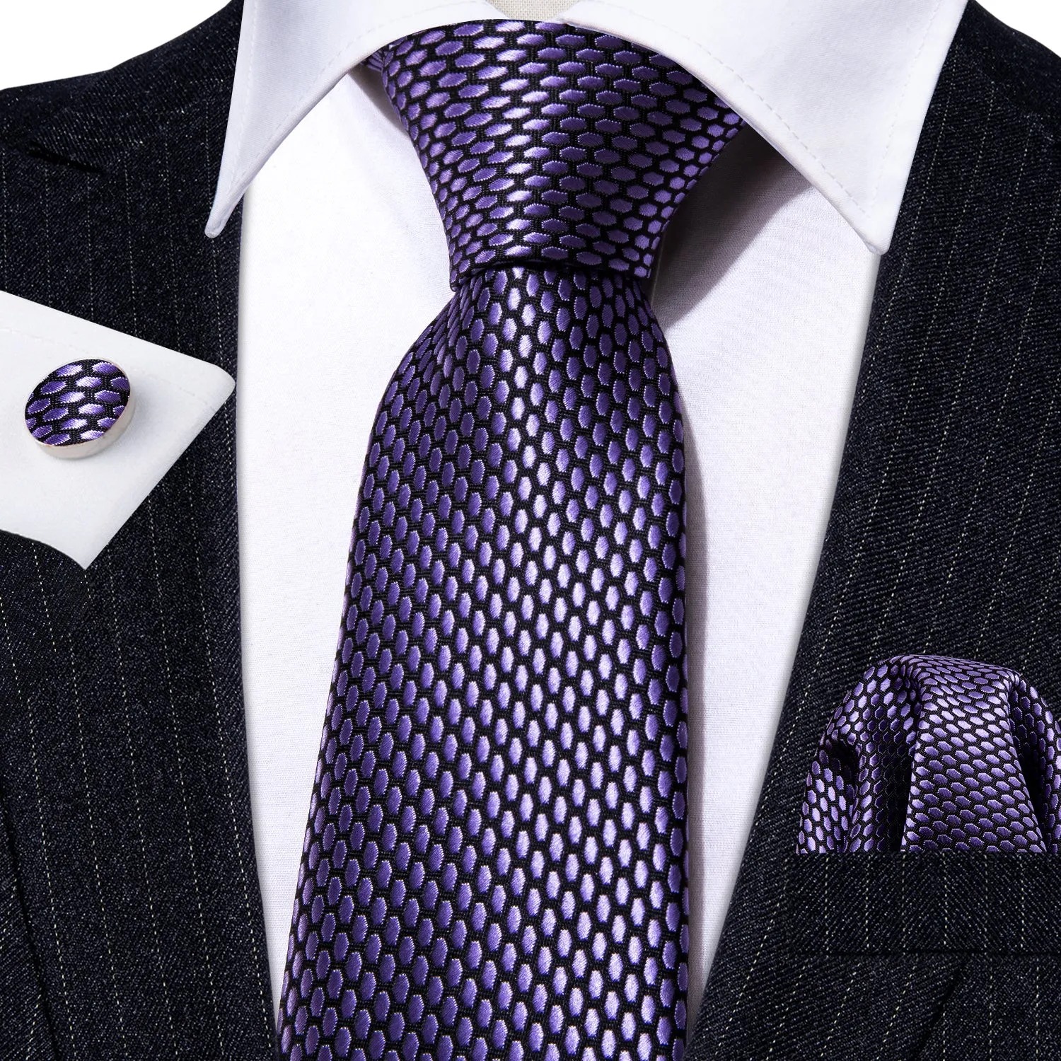 Barry Wang Dark Purple Necktie Geometric Solid Tie Hanky Cufflinks Set sold by Barrywang product image thumbnail 2