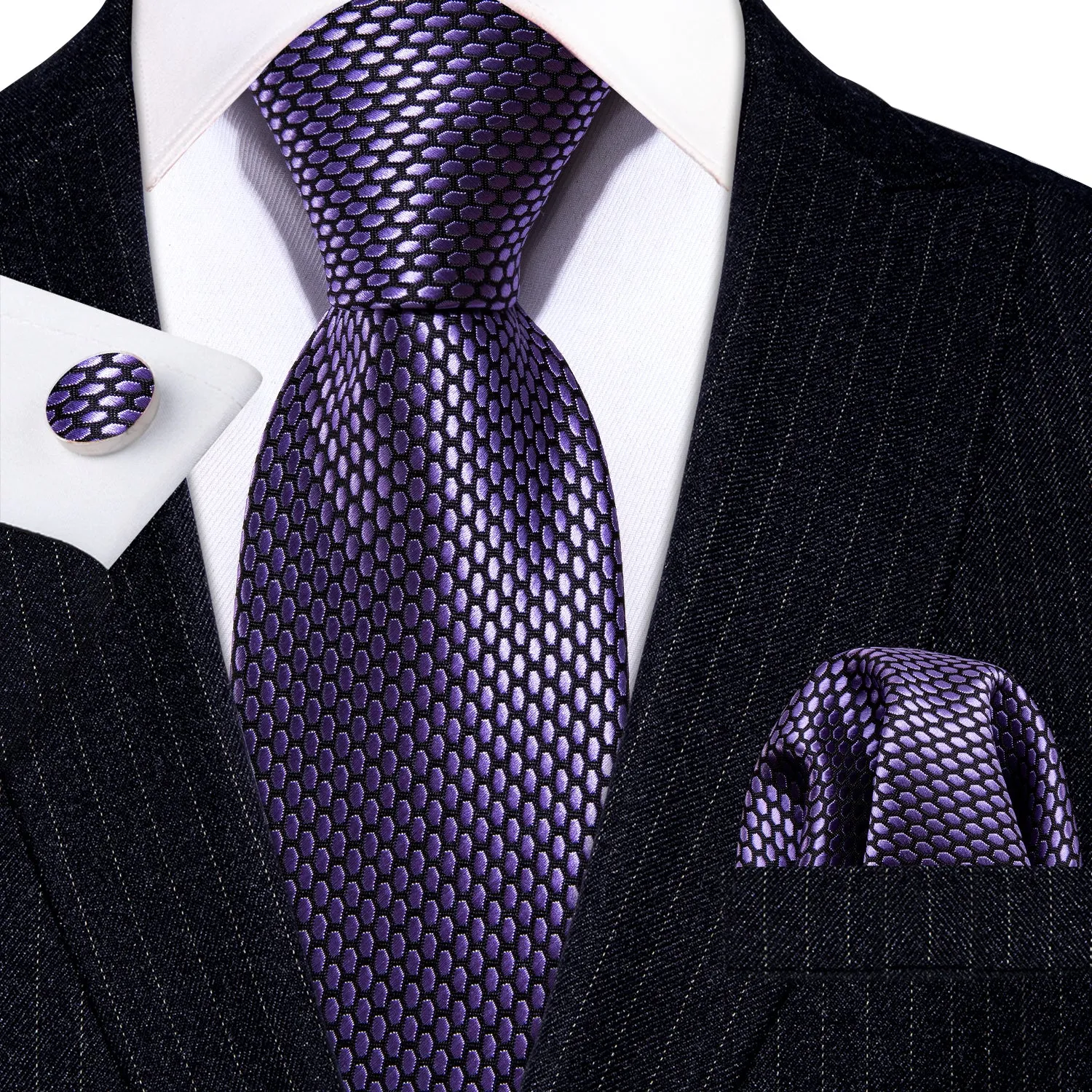 Barry Wang Dark Purple Necktie Geometric Solid Tie Hanky Cufflinks Set sold by Barrywang