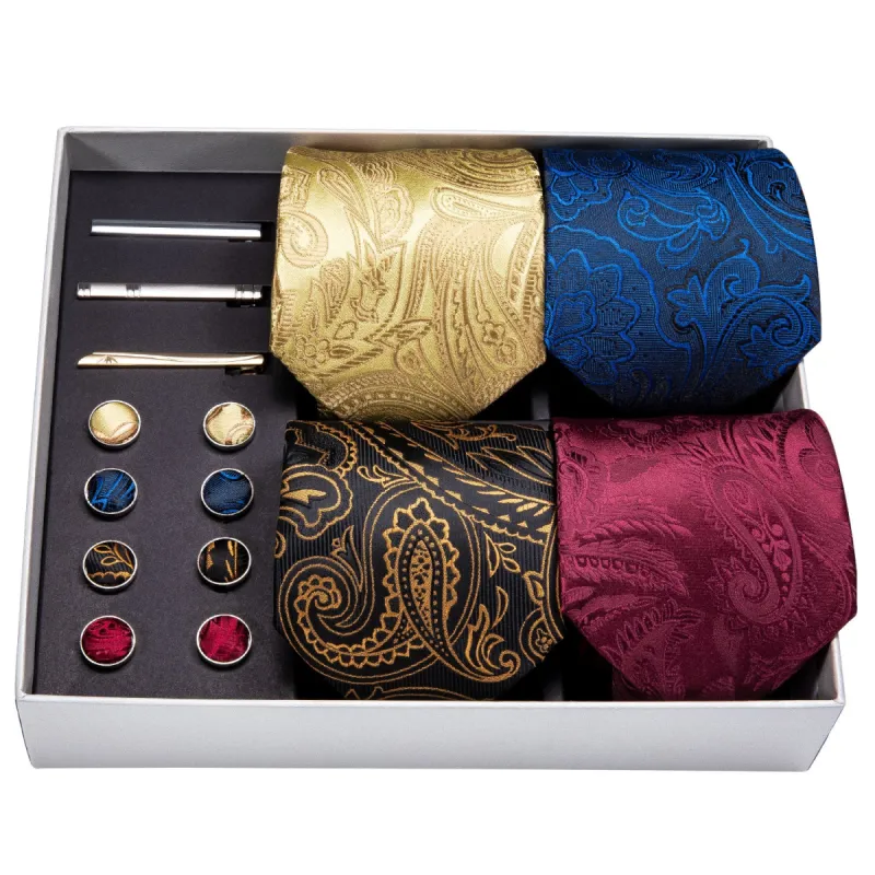 Barry. Wang 4pcs Men Tie Gold Paisley Silk Pocket Square Gift Box Set sold by Barrywang