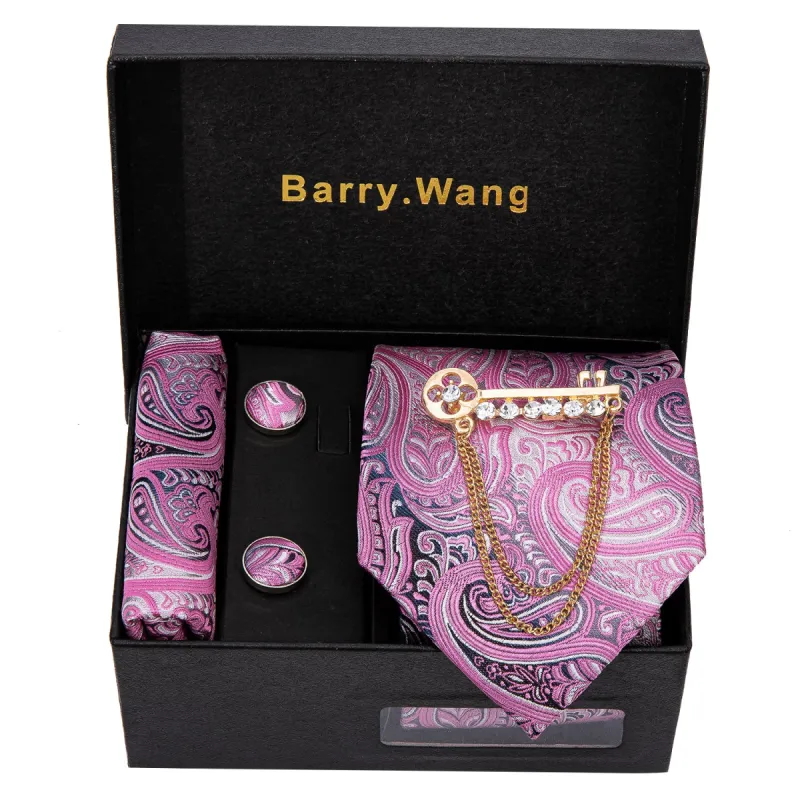 Barry. Wang Pink Paisley Necktie Alloy Lapel Pin Brooch Pocket Square Cufflinks Gift Box Set made by Barrywang