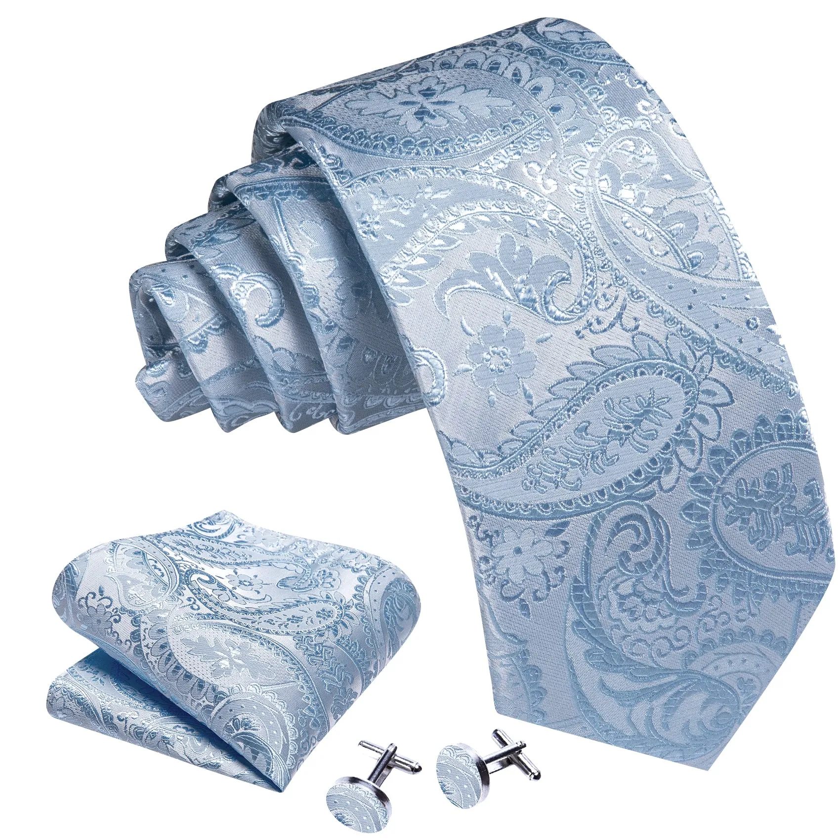 Barry Wang Light Blue Necktie Paisley Tie Handkerchief Cufflinks Set sold by Barrywang product image thumbnail 3