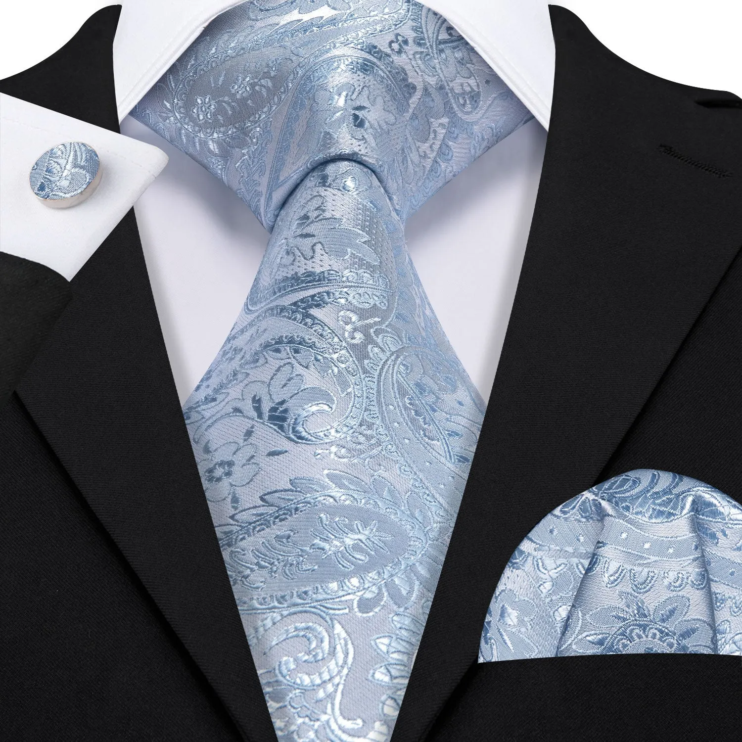 Barry Wang Light Blue Necktie Paisley Tie Handkerchief Cufflinks Set sold by Barrywang product image thumbnail 2