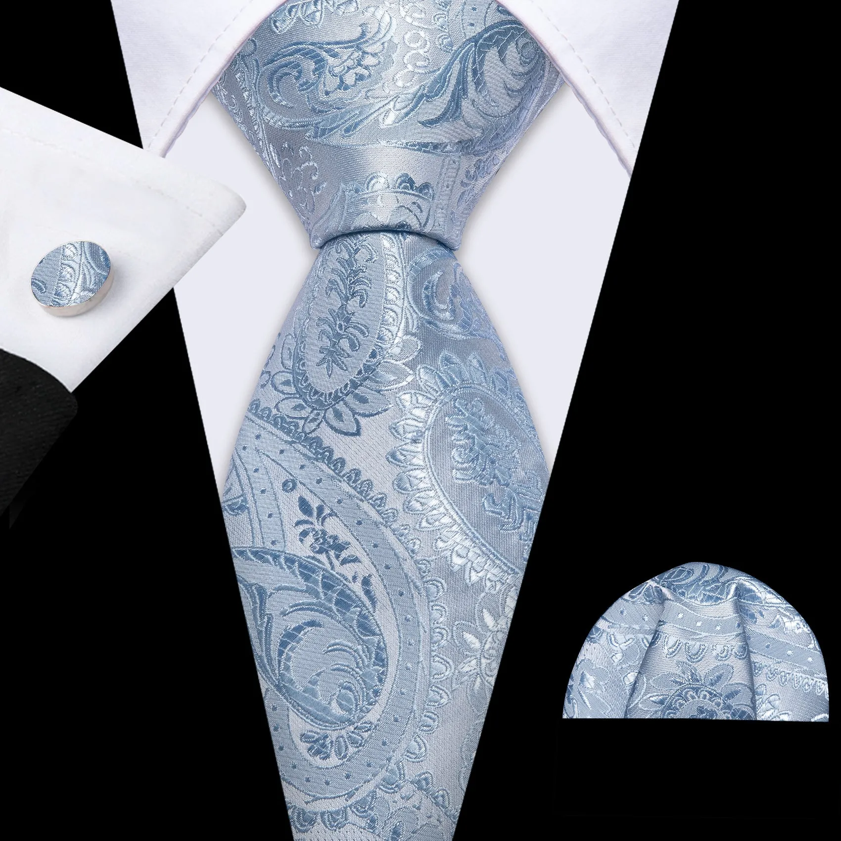 Barry Wang Light Blue Necktie Paisley Tie Handkerchief Cufflinks Set sold by Barrywang
