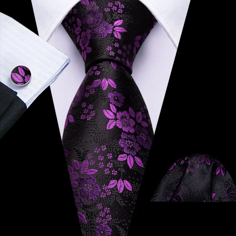 Barry. Wang Dark Orchid Jacquard Floral Black Tie Hanky Cufflinks Set sold by Barrywang