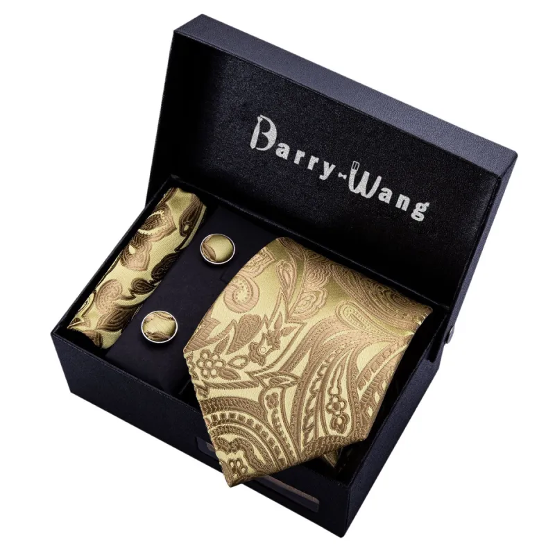 Barry. Wang Golden Floral Necktie Pocket Square Cufflink Clip Gift Box Set sold by Barrywang