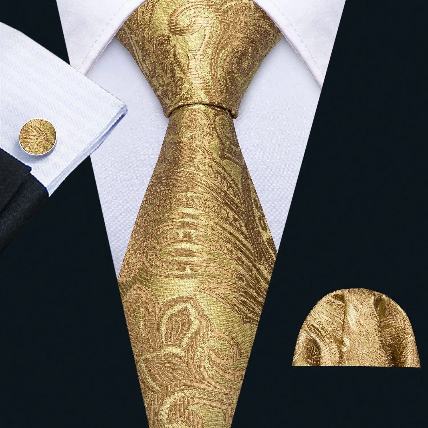 Barry. Wang Golden Floral Necktie Pocket Square Cufflink Clip Gift Box Set sold by Barrywang product image thumbnail 2