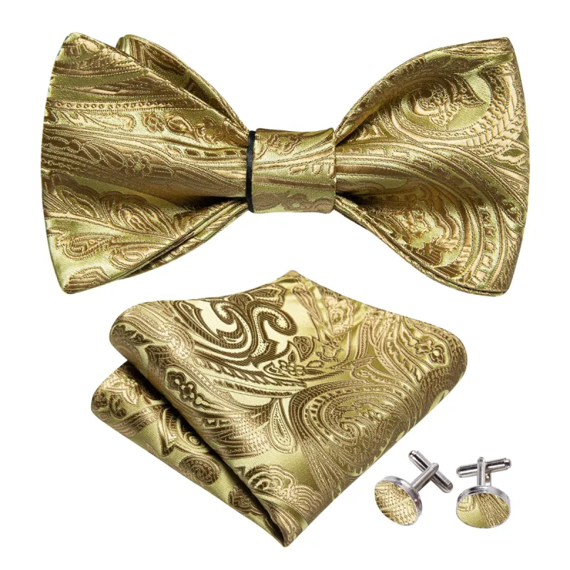 Barry Wang Gold Paisley Self Tie Men's Bow Tie Hanky Cufflinks Set sold by Barrywang