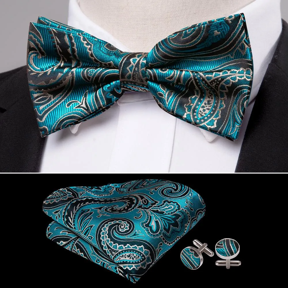 Barry. Wang Teal Blue Paisley Pre-tied Mens Bow Tie Hanky Cufflinks Set sold by Barrywang